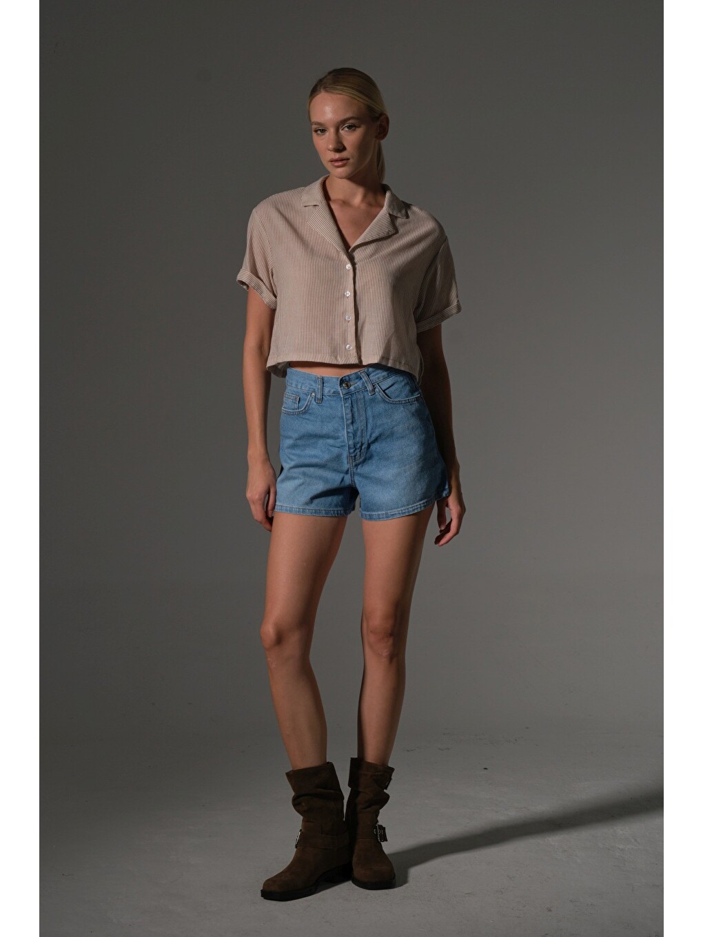 Mavi Kadın Mini Jean Şort, Yüksek Bel, Fermuarlı, 5 cep %100 pamuk Denim Jean @Potenza-5