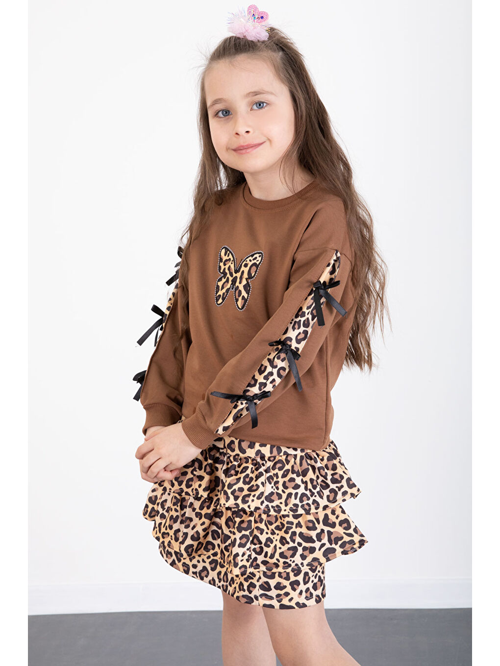 Kahverengi Kahve Kelebek Desenli Badili Leopar Etekli Kız Çocuk Alt Üst Takım 20522-1