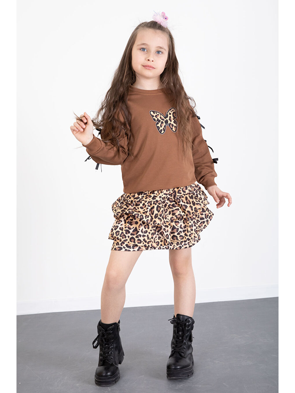 Kahverengi Kahve Kelebek Desenli Badili Leopar Etekli Kız Çocuk Alt Üst Takım 20522-2