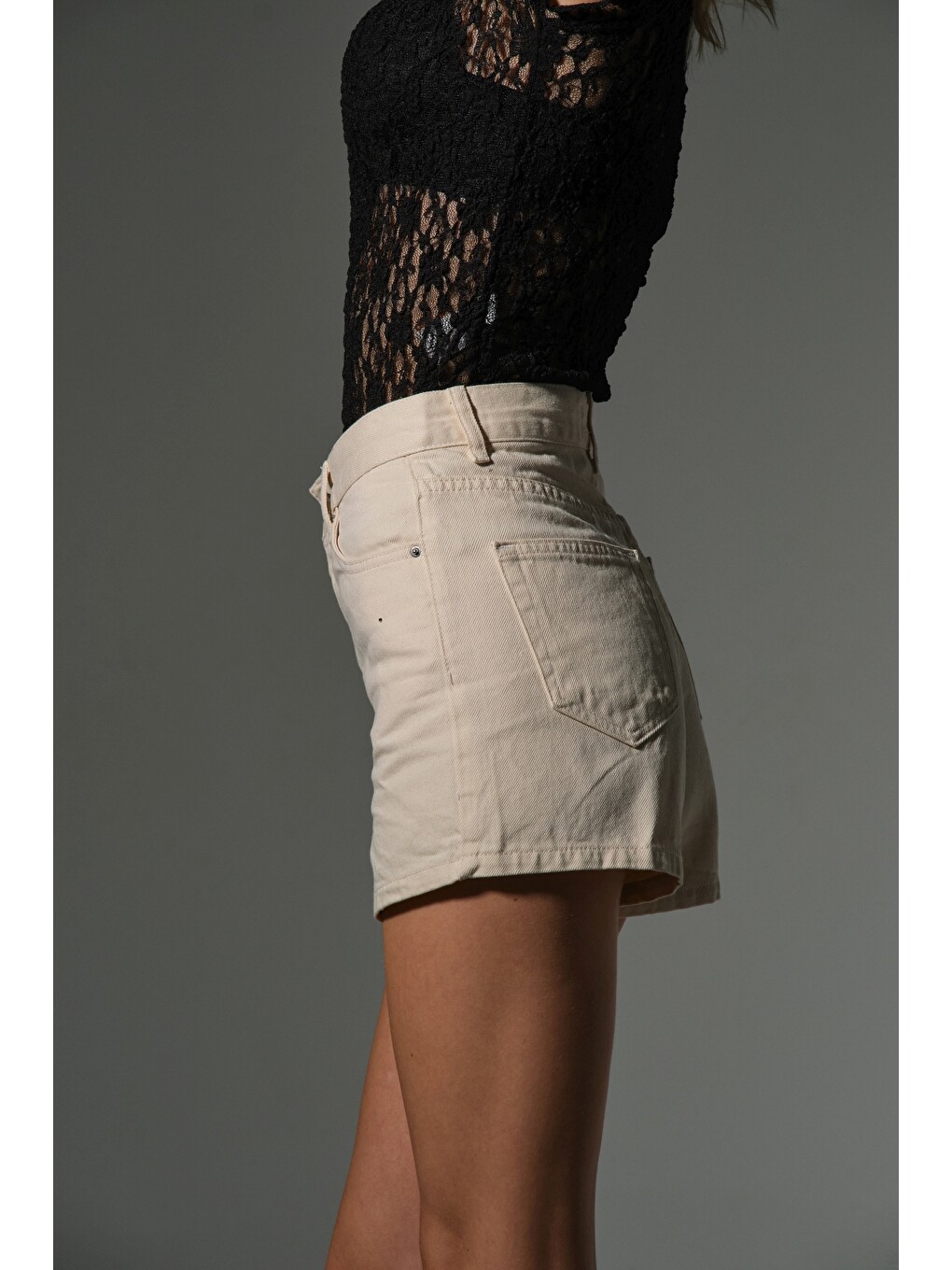 Ekru Kadın Mini Jean Şort, Yüksek Bel, Fermuarlı, 5 cep %100 pamuk Denim Jean @Potenza-6