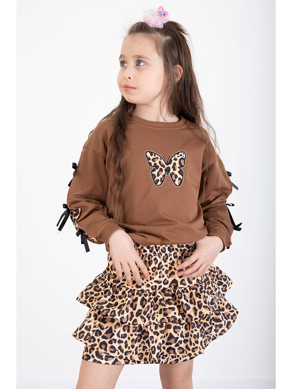 Kahverengi Kahve Kelebek Desenli Badili Leopar Etekli Kız Çocuk Alt Üst Takım 20522-4