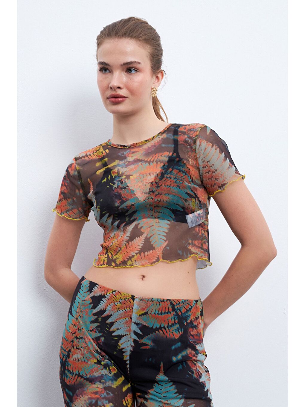 Yeşil Sonbahar Çam Desen Astarlı Kolsuz Tül Bluz