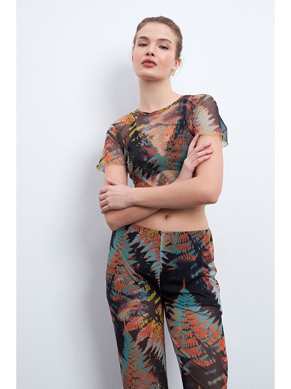 Yeşil Sonbahar Çam Desen Astarlı Kolsuz Tül Bluz-2