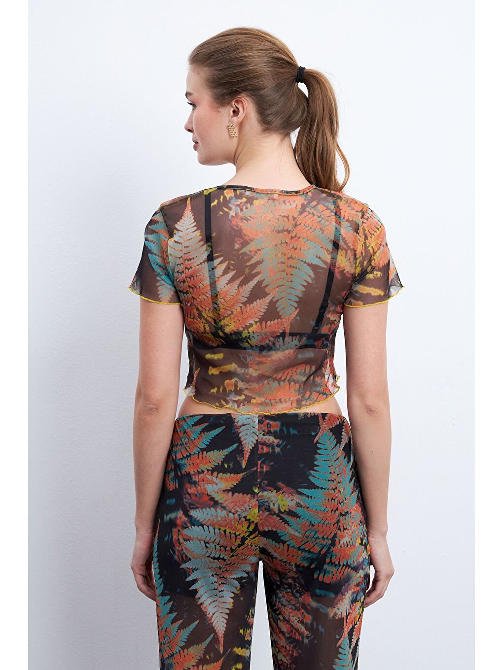 Yeşil Sonbahar Çam Desen Astarlı Kolsuz Tül Bluz-4