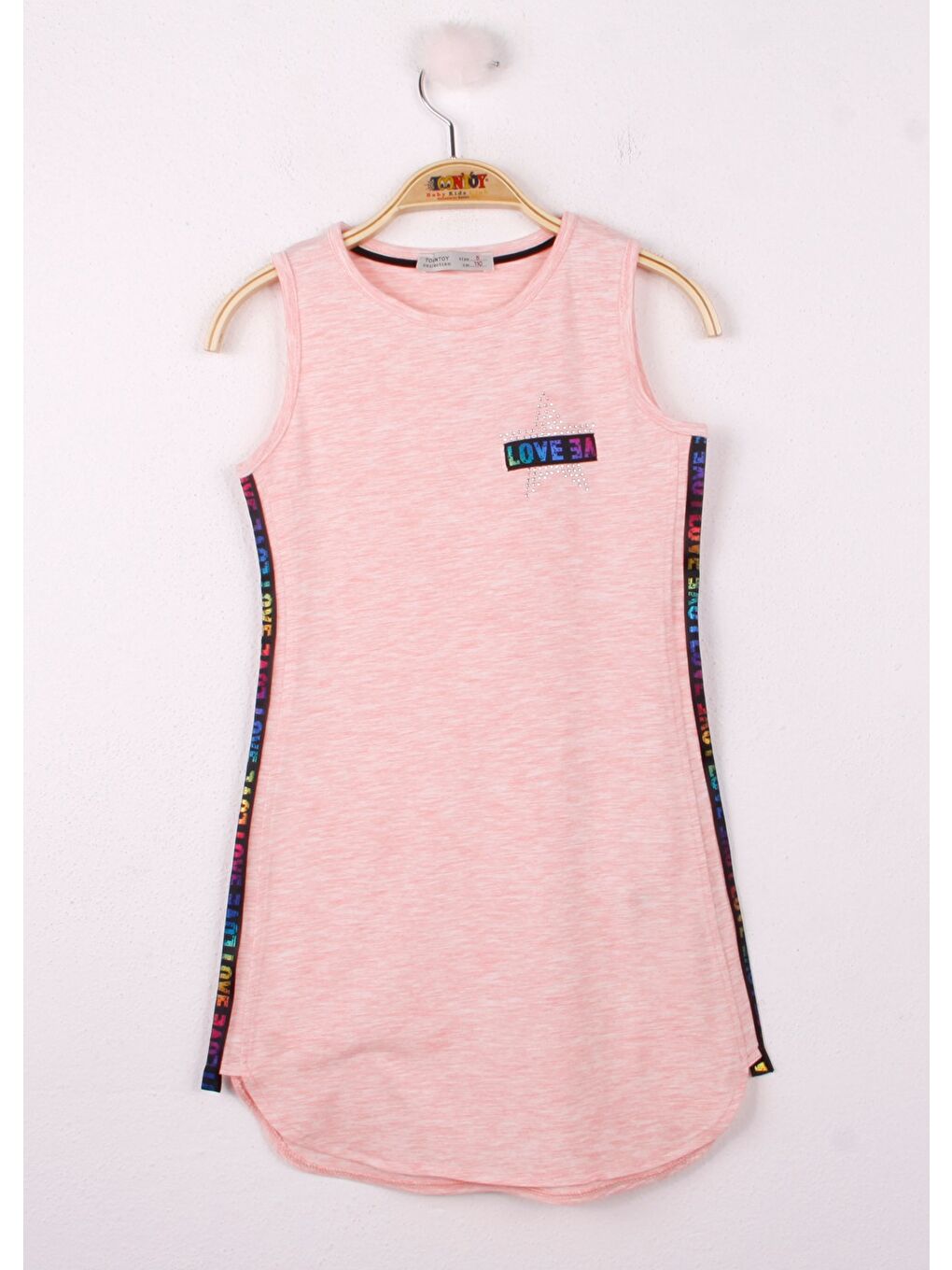 Pembe Kız Çocuk Göğsü Yıldız Baskılı Sıfır Kol Elbise