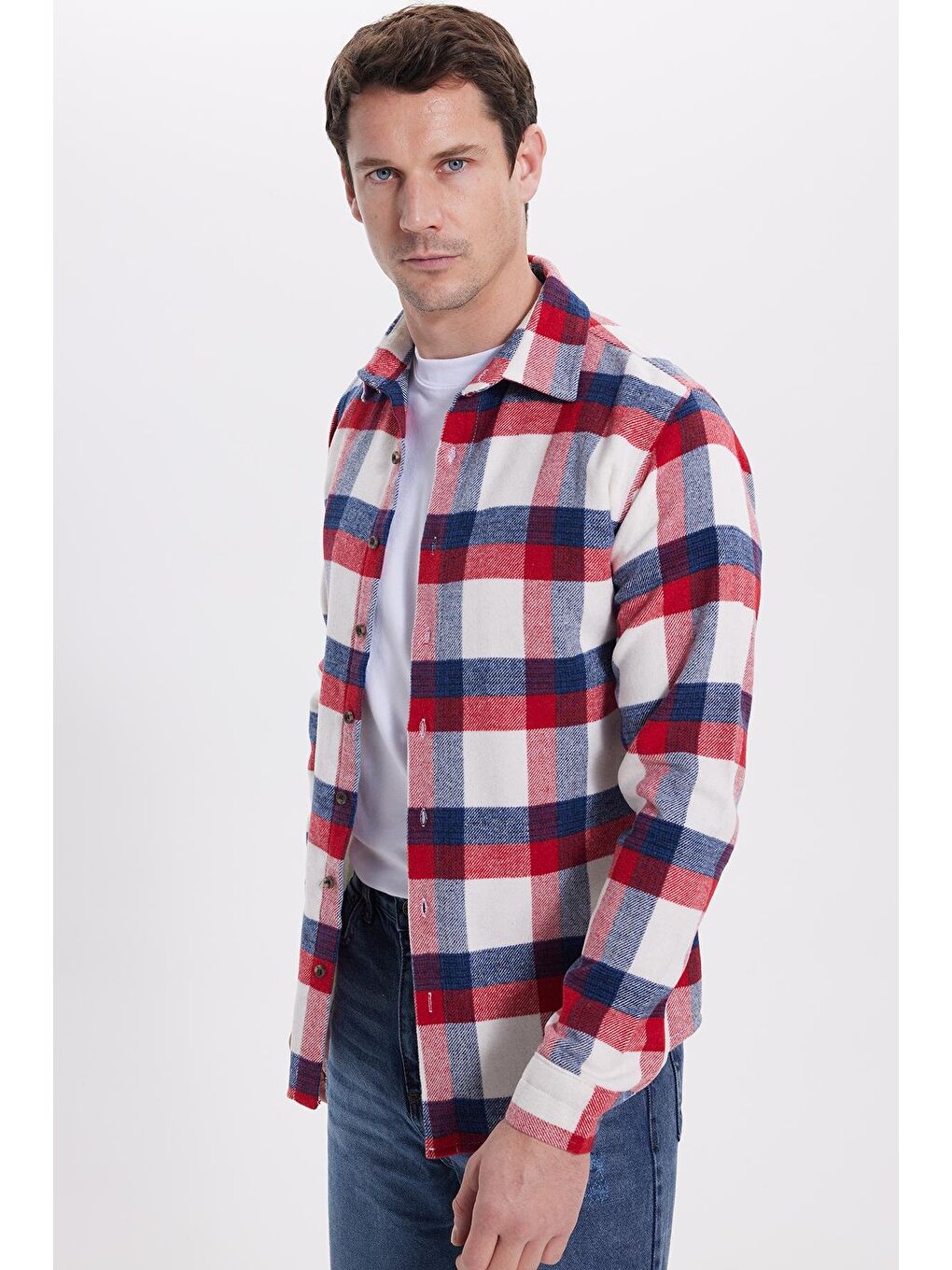 Kırmızı Erkek Slim Fit Dar Kesim Kareli Kışlık Oduncu Gömlek-6