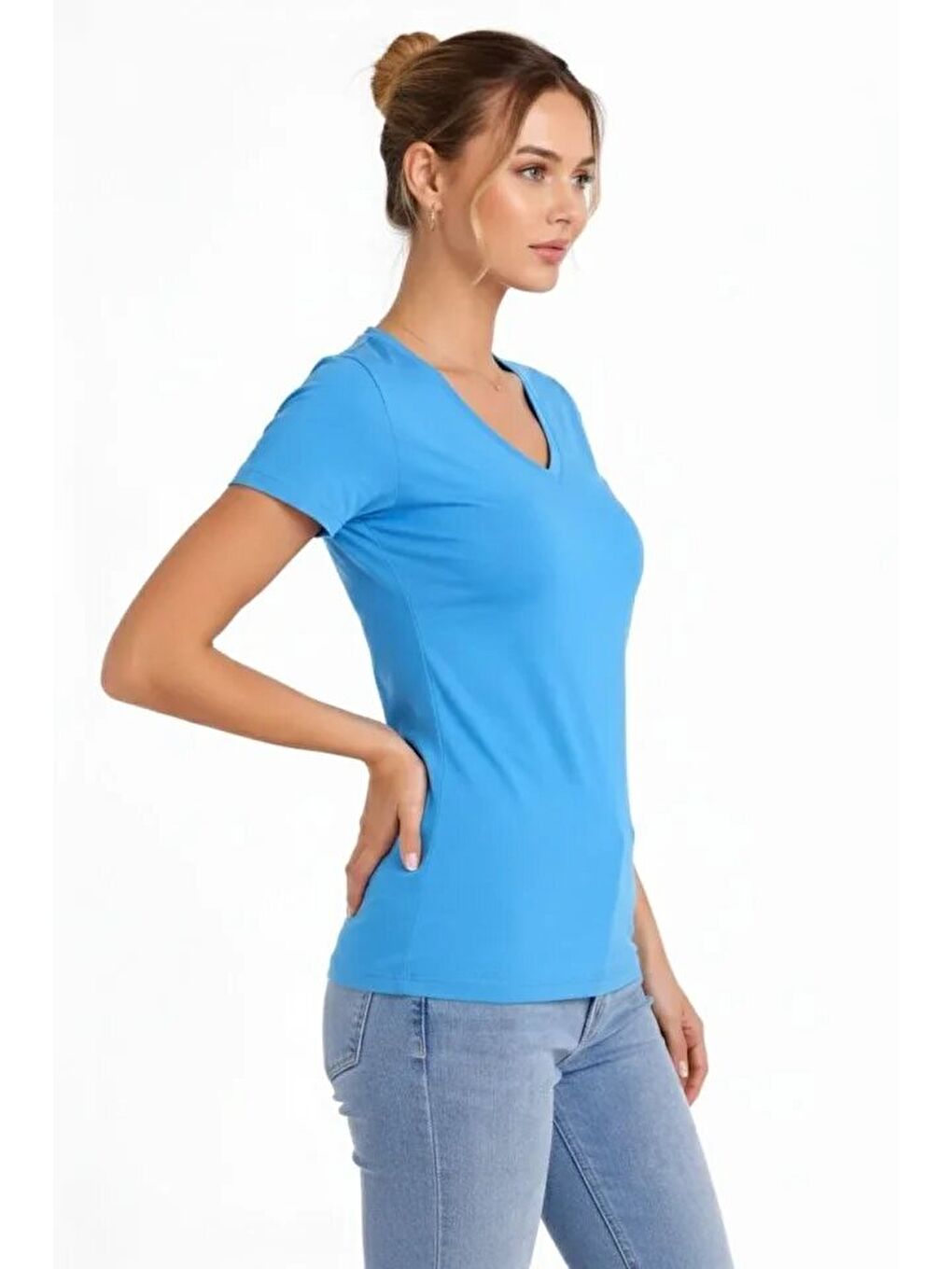 T-Shirt V Yaka Slim Fit Elastanlı Tişört Günlük Basic Body - Açık Mavi-2