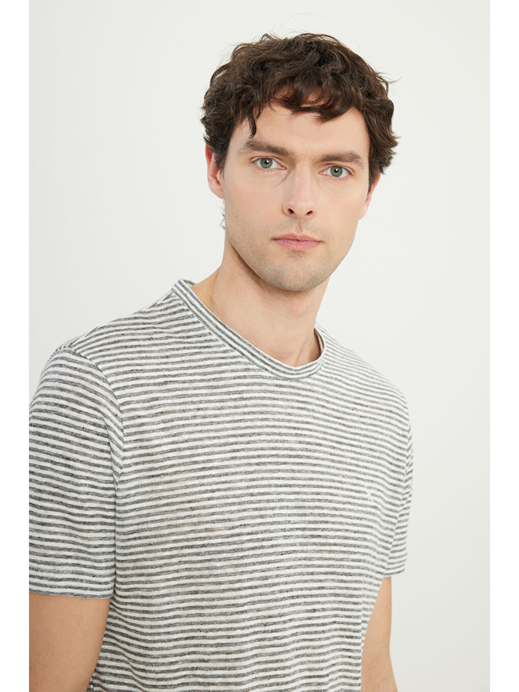 Erkek Gri-Ekru %100 Keten Slim Fit Dar Kesim Çizgili Bisiklet Yaka Tişört-5