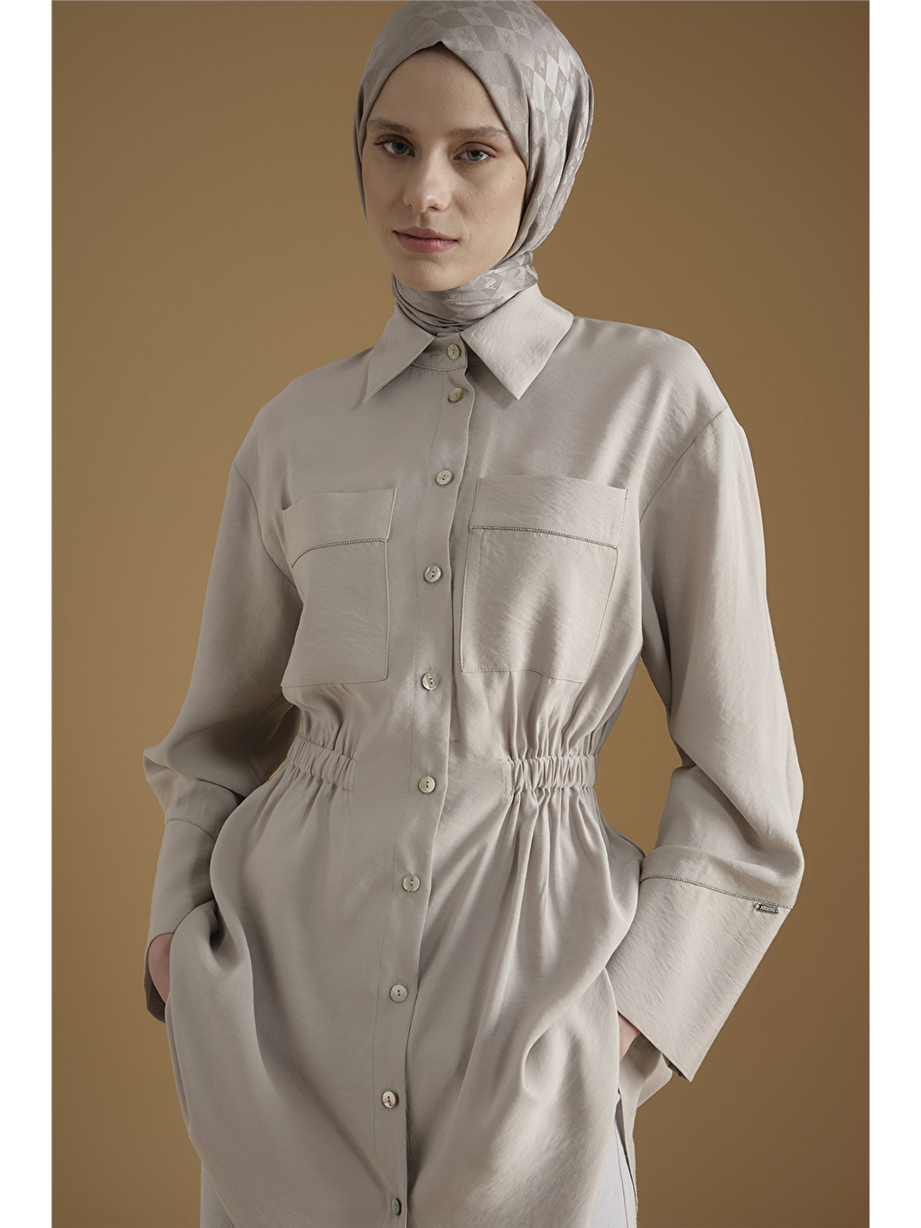 Bej Modal Karışımlı Taş Detaylı Tunik Taş-3