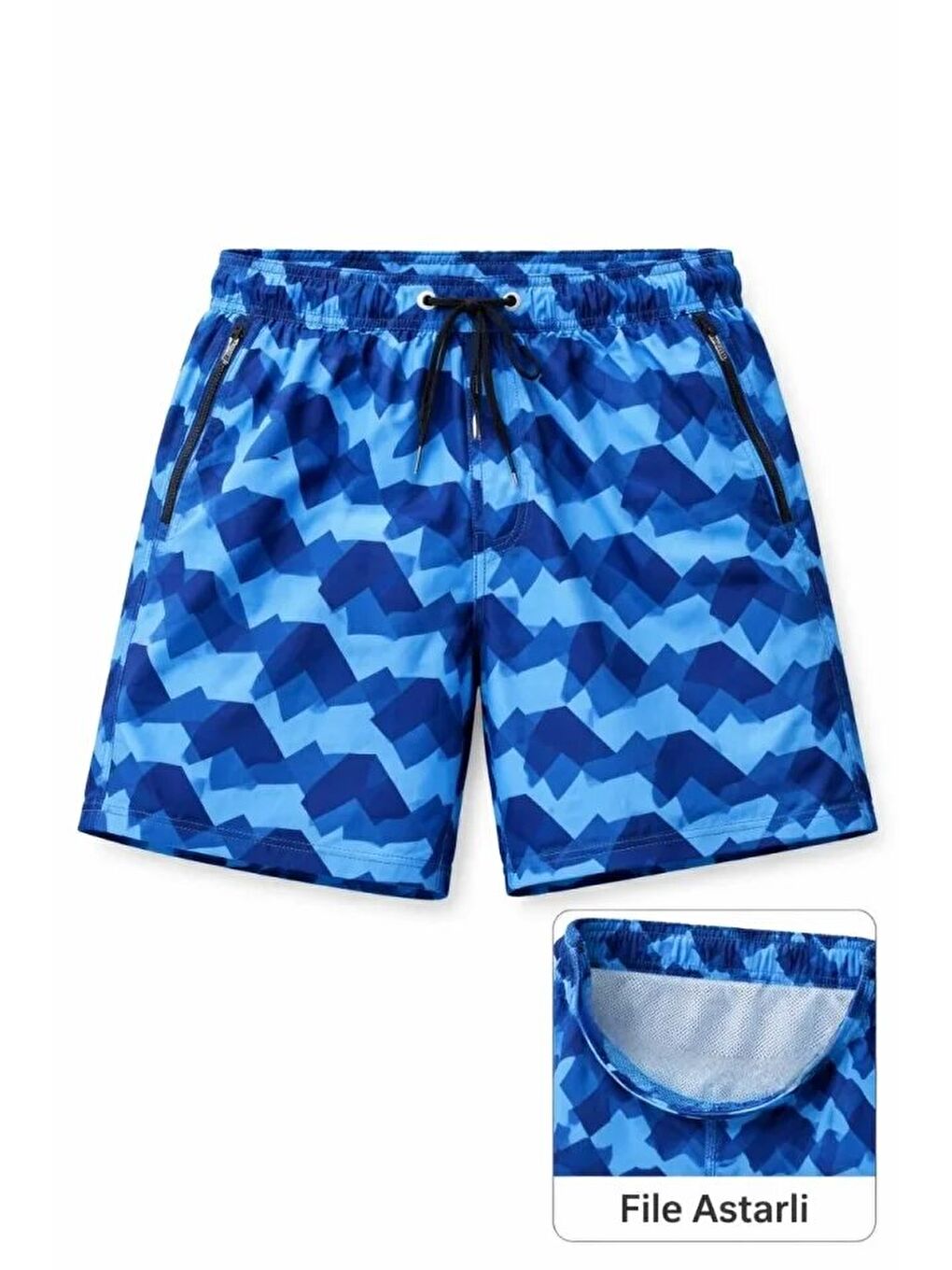 Erkek Deniz Şortu Fermuarlı Cepli File Astarlı Hızlı Kuruyan Premium - Mavi