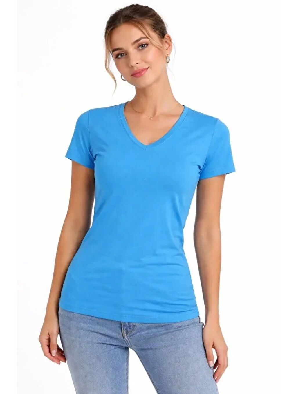 T-Shirt V Yaka Slim Fit Elastanlı Tişört Günlük Basic Body - Açık Mavi-3
