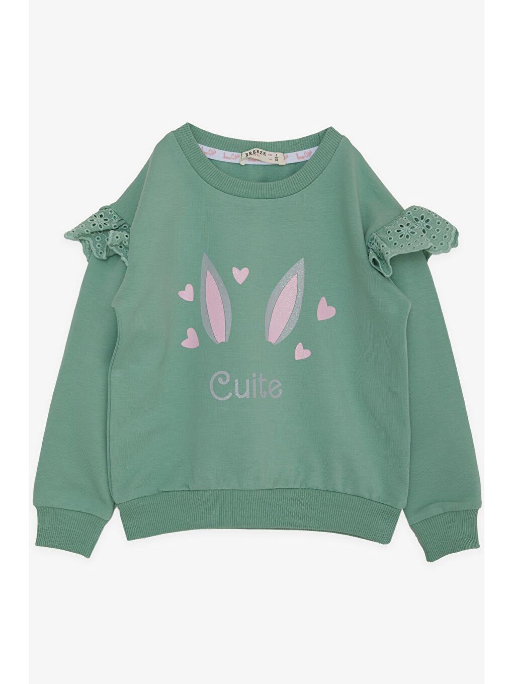 Turkuaz Kız Bebek Sweatshirt Omuzu Güpürlü Simli Kalp Baskılı Mint Yeşili (2 Yaş)