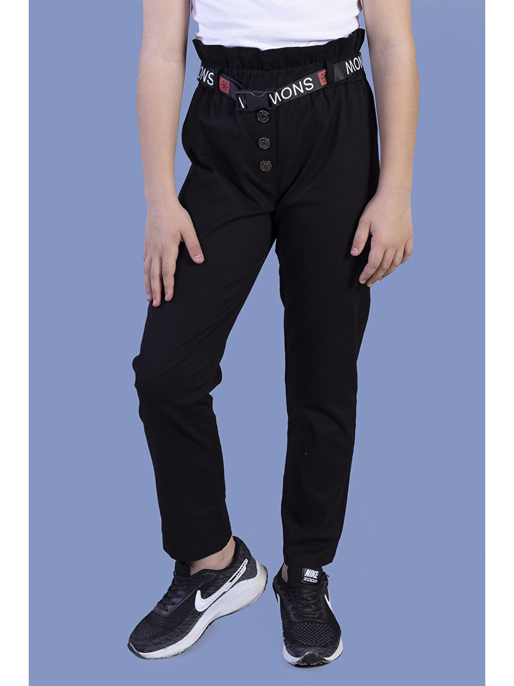 Siyah Kız Çocuk Beli Lastikli Kemer Detaylı Pantolon