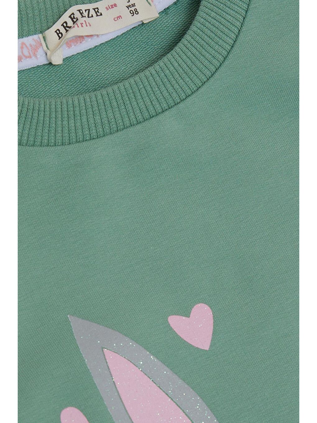 Turkuaz Kız Bebek Sweatshirt Omuzu Güpürlü Simli Kalp Baskılı Mint Yeşili (2 Yaş)-2