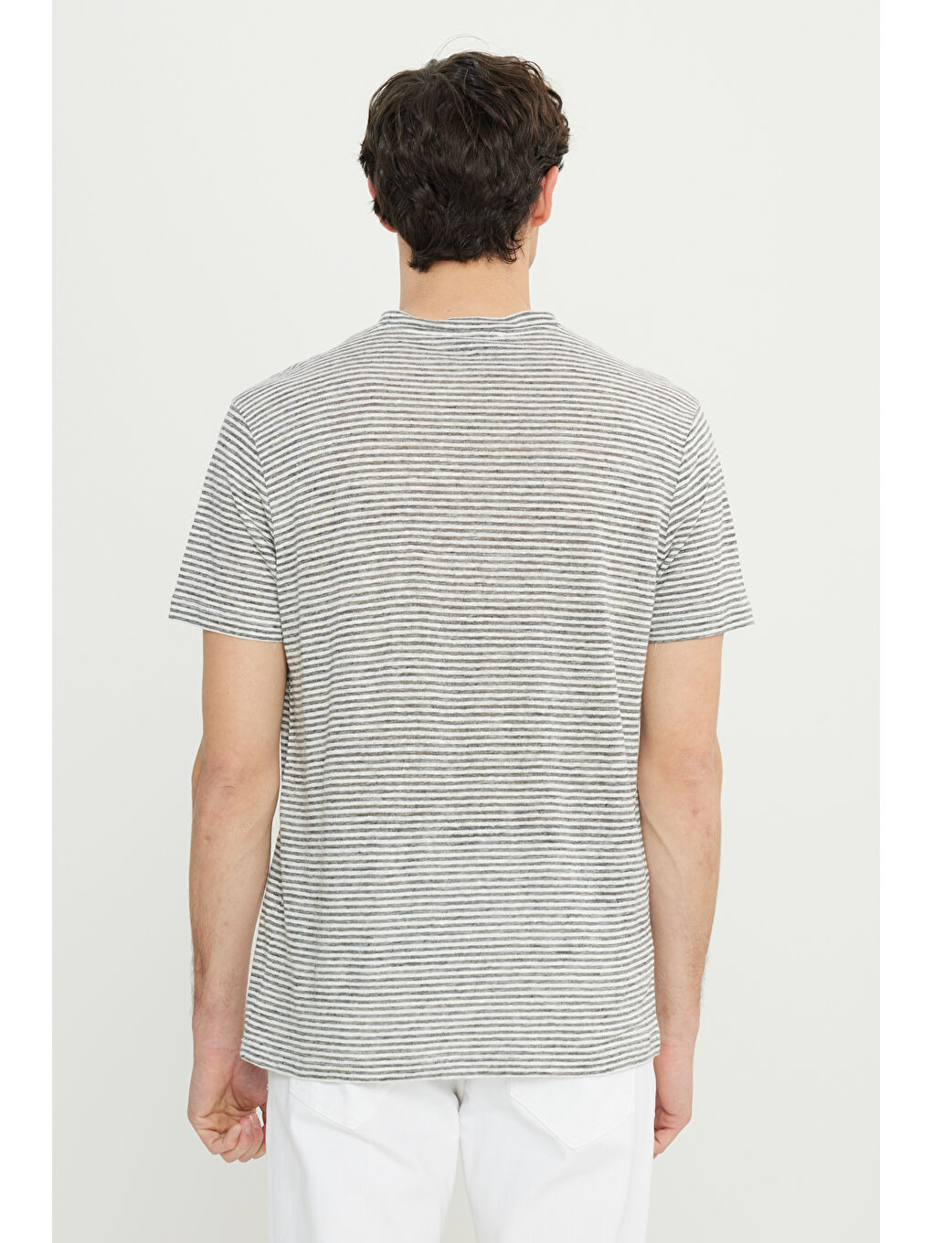 Erkek Gri-Ekru %100 Keten Slim Fit Dar Kesim Çizgili Bisiklet Yaka Tişört-6