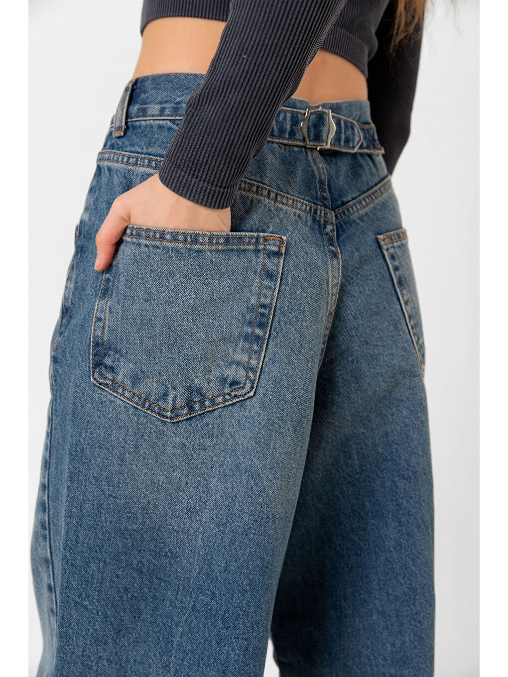 Mavi Toka Detaylı Bol Kesim Geniş Paça Rahat Baggy Jean Jean Salaş Kadın Pantolon @Milano-2