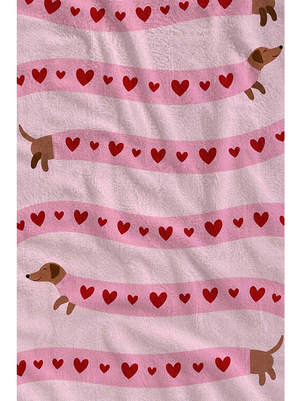 Sevimli Pembe Kalp Şeritli Sosis Köpeği Desenli 70x150 Plaj Havlusu - Pamuklu Banyo Havlusu-2