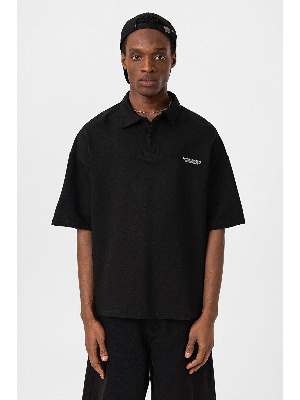 Polo Yaka Oversize Tişört Siyah-2