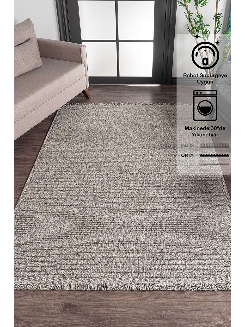 Konfor Halı Gri Konfor Vlora 4766 Jüt Hasır Bukle Örme Kilim-80x300