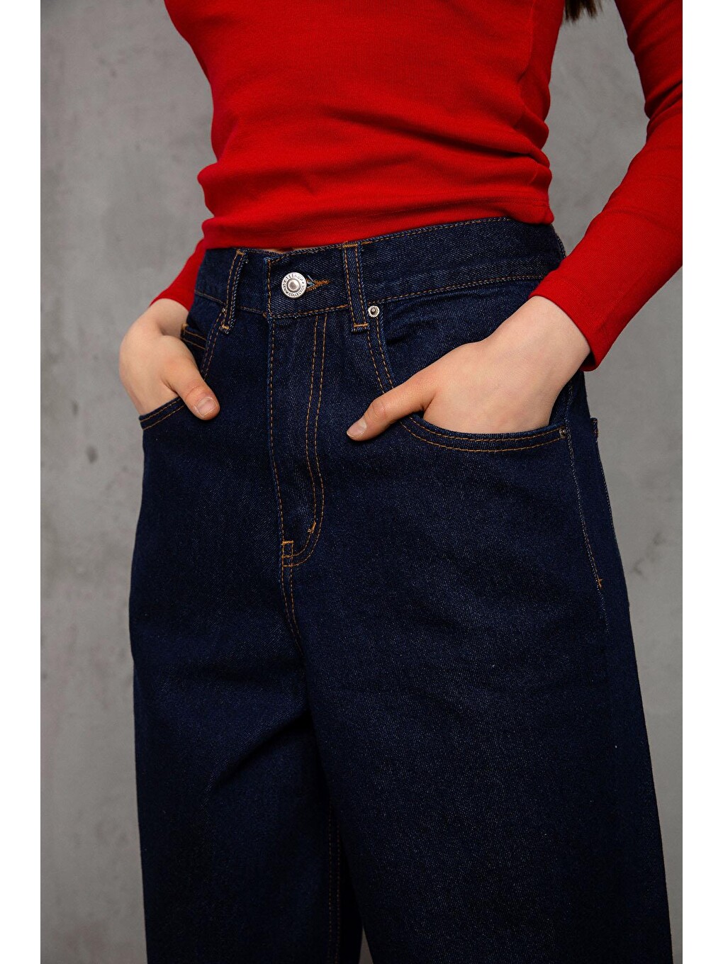 Lacivert Toka Detaylı Bol Kesim Geniş Paça Rahat Baggy Jean Jean Salaş Kadın Pantolon @Milano-3
