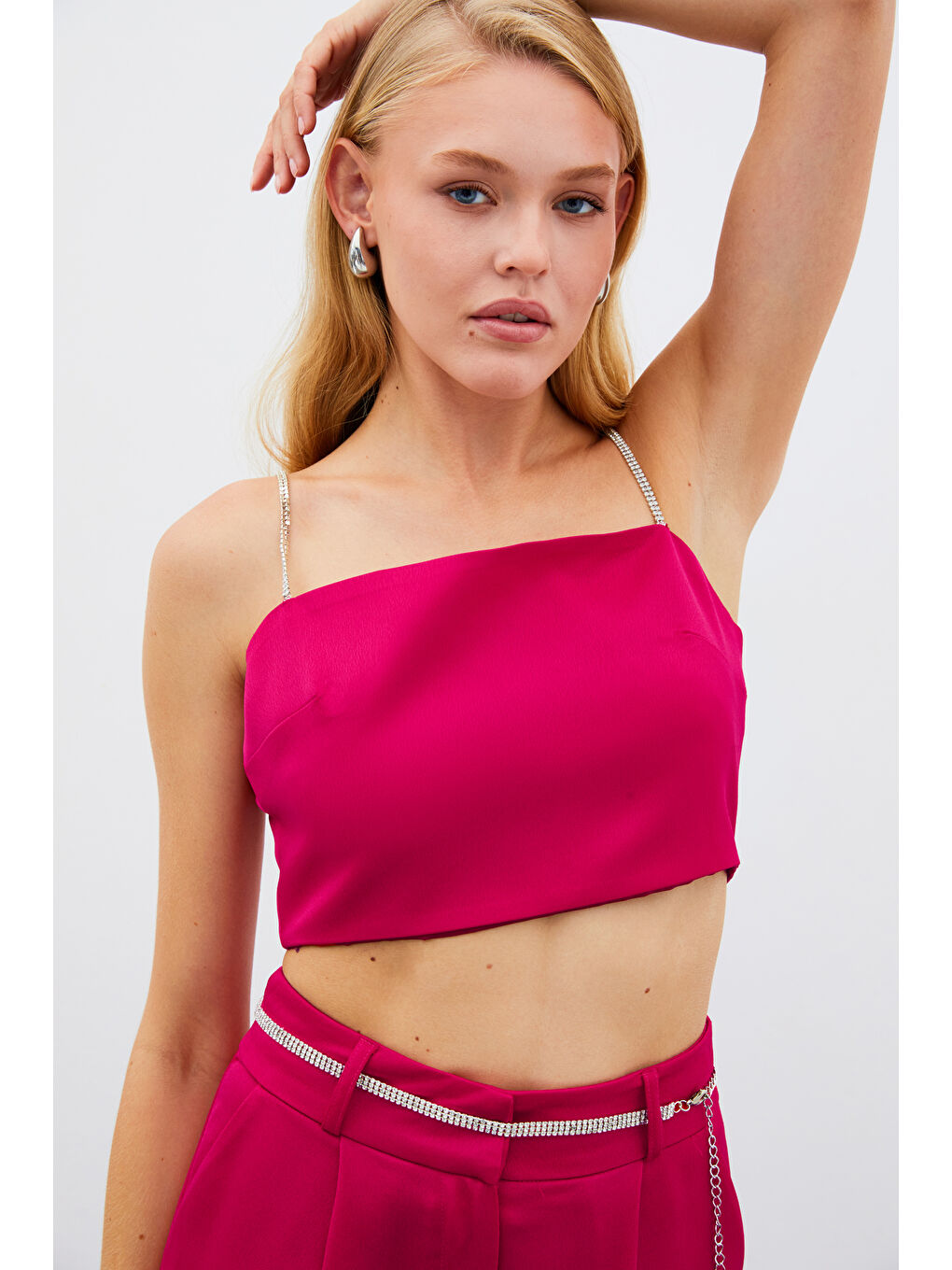 SATEEN Taş Askılı Saten Crop Bluz - Mercan - 1