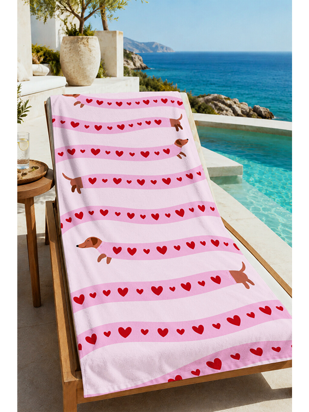 Sevimli Pembe Kalp Şeritli Sosis Köpeği Desenli 70x150 Plaj Havlusu - Pamuklu Banyo Havlusu-4