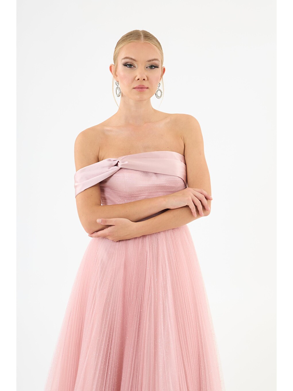 Pembe Pudra Üzeri Saten Straplez Simli Tül Nişanlık-3