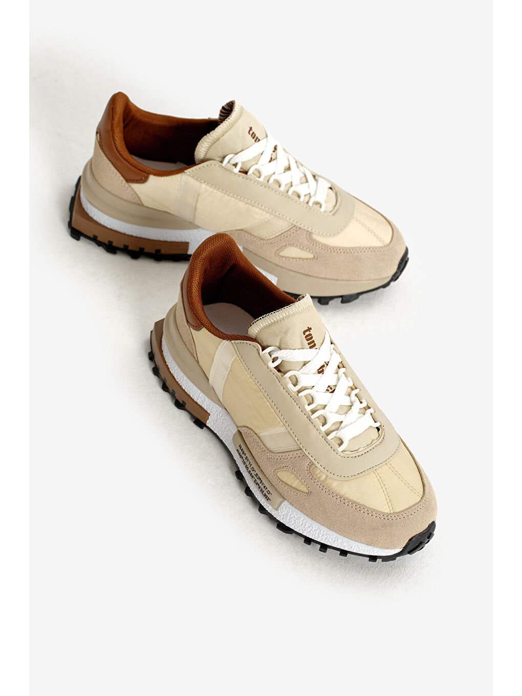 Unisex Bej Kahve Kalın Termo Taban Yazı Detaylı Retro Stil Günlük Spor Ayakkabı