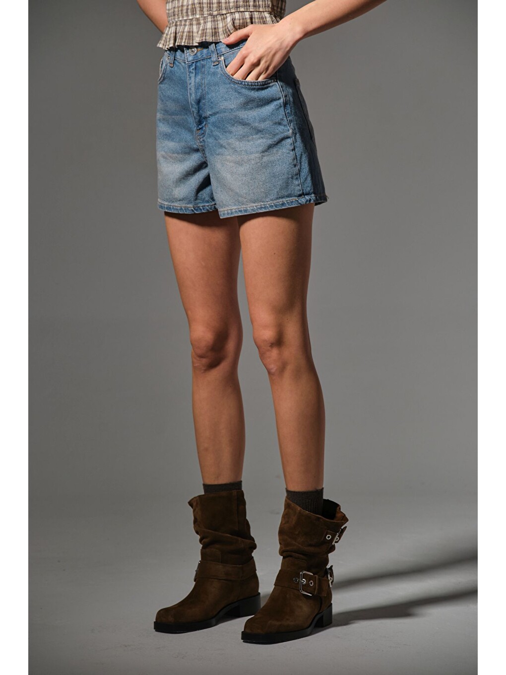 Mavi Kadın Mini Jean Şort, Yüksek Bel, Fermuarlı, 5 cep %100 pamuk Denim Jean @Potenza-2