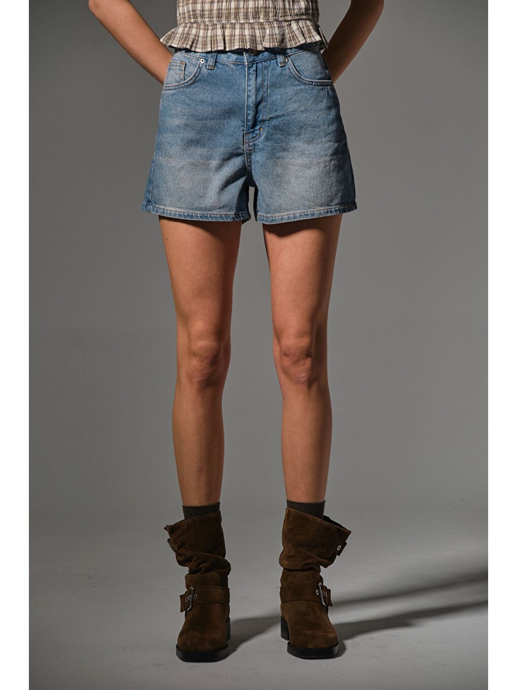 Mavi Kadın Mini Jean Şort, Yüksek Bel, Fermuarlı, 5 cep %100 pamuk Denim Jean @Potenza-6