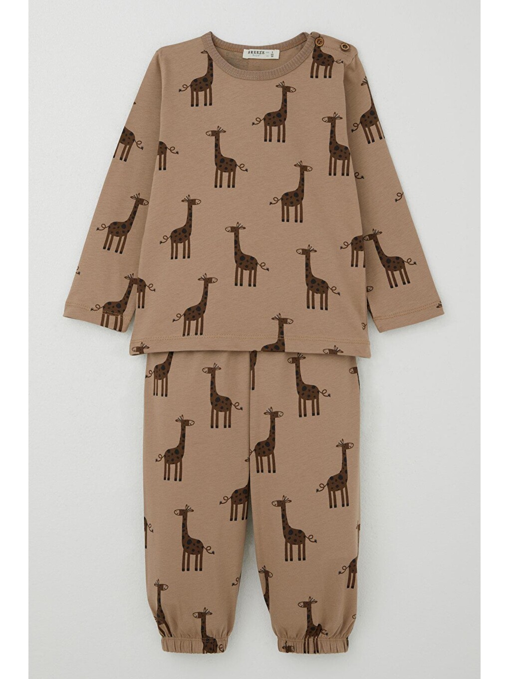 Bej Erkek Çocuk Pijama Takımı Sevimli Zürafa Desenli Vizon (1 Yaş)