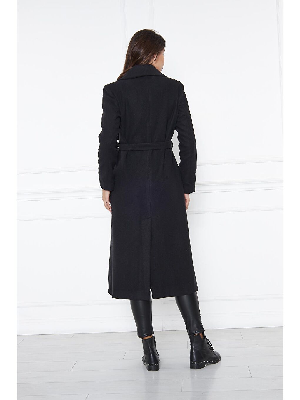 Lacivert Kadın Kaşe Kaban Astarlı Kuşaklı-1