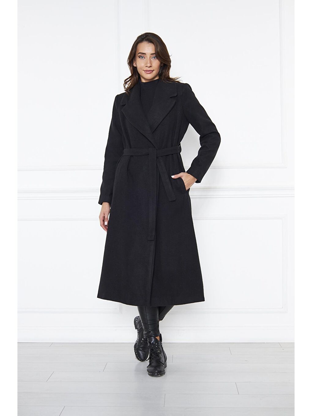 Lacivert Kadın Kaşe Kaban Astarlı Kuşaklı-2