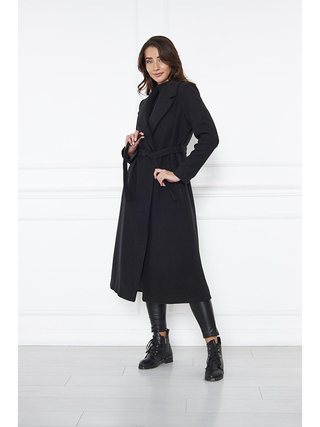 Lacivert Kadın Kaşe Kaban Astarlı Kuşaklı-3