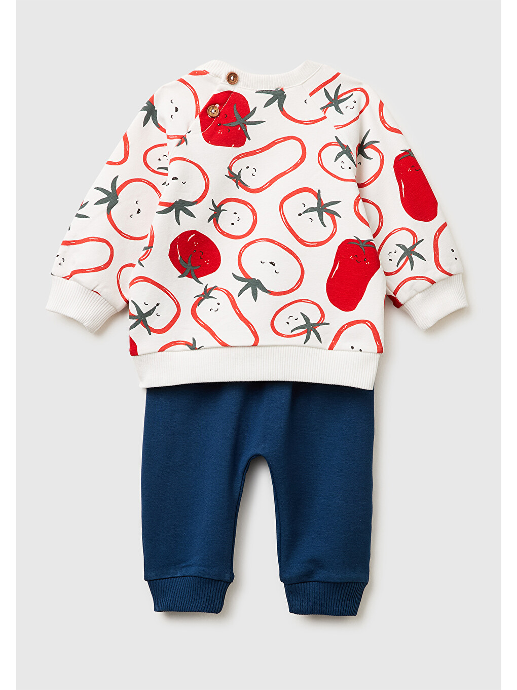 Bebek Ekru-Lacivert Düğmeli Baskılı Sweatshirt Takım-1
