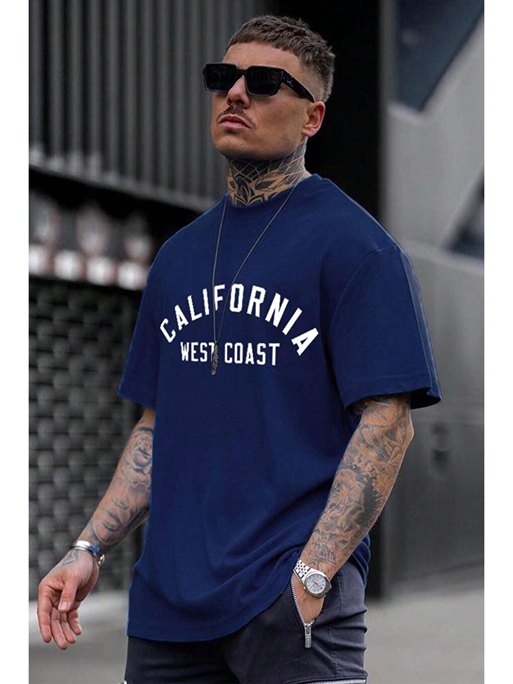 uyguntarz Lacivert West Coast Baskılı Oversize Tshirt