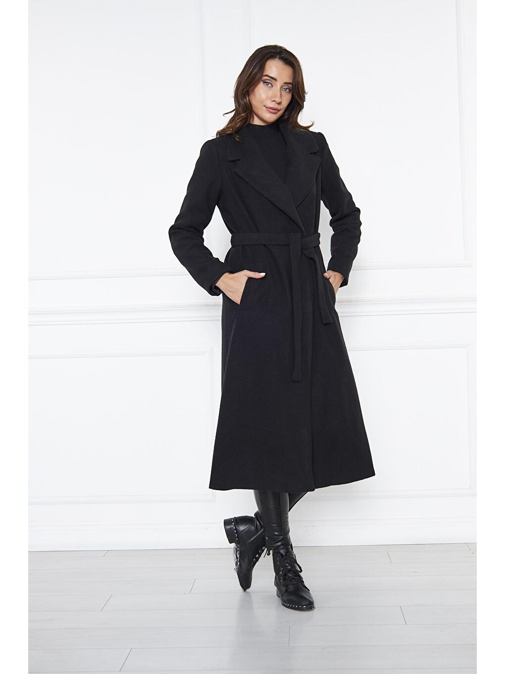 Lacivert Kadın Kaşe Kaban Astarlı Kuşaklı-4