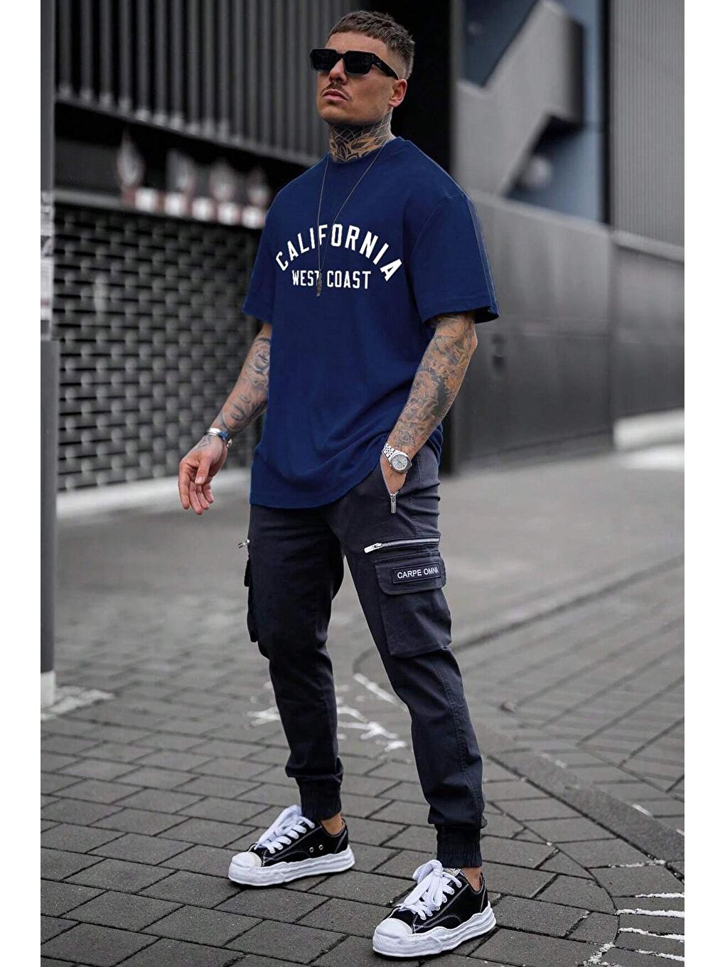 uyguntarz Lacivert West Coast Baskılı Oversize Tshirt - 1