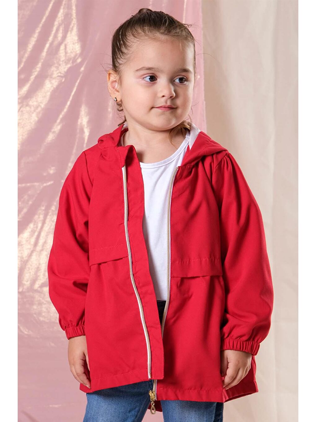 Kırmızı Kapüşonlu Kız Çocuk Trençkot 4-10 Yaş-5