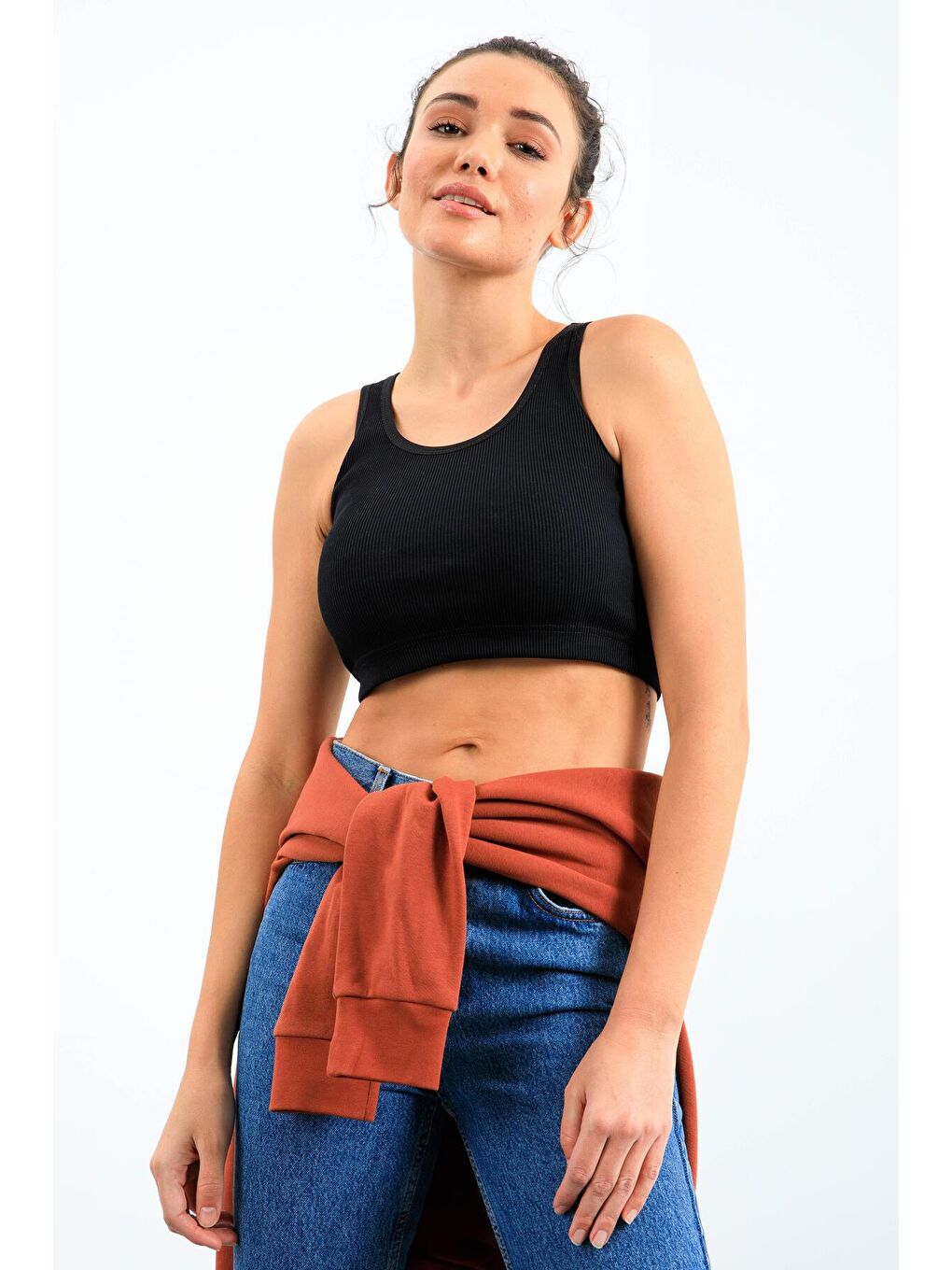 TOMMYLIFE Lacivert Basic Sıfır Kol Dar Kalıp U Yaka Kadın Crop Top Atlet - 97160