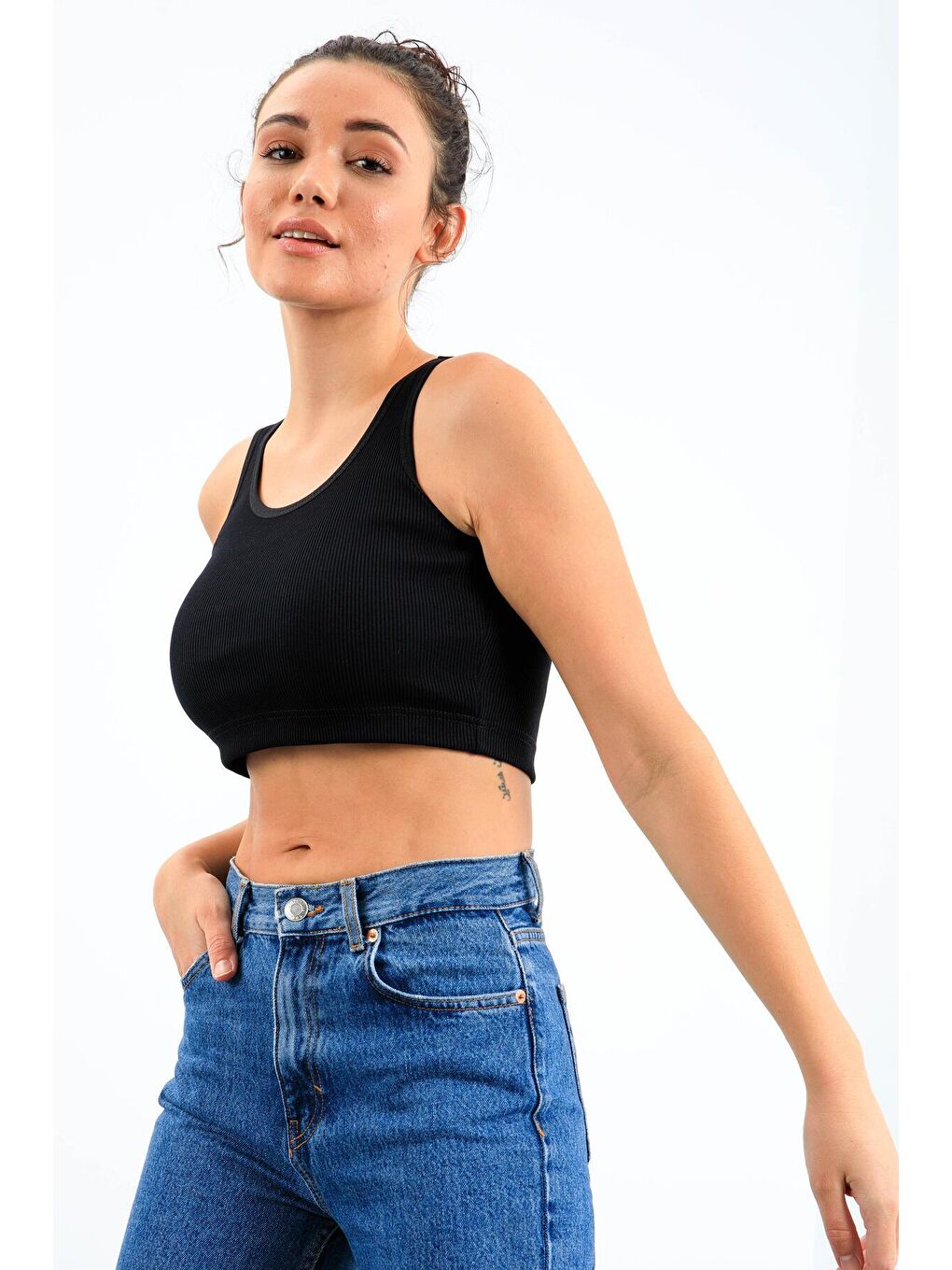 TOMMYLIFE Lacivert Basic Sıfır Kol Dar Kalıp U Yaka Kadın Crop Top Atlet - 97160 - 2