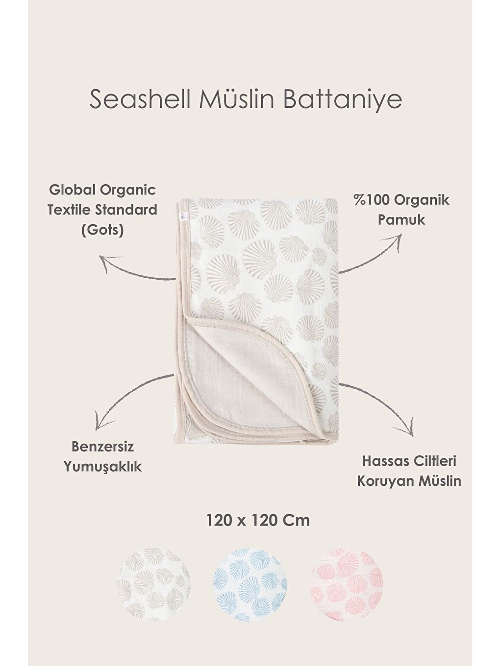 BebeMarin Seashell Müslin Battaniye 120x120 Beyaz-1