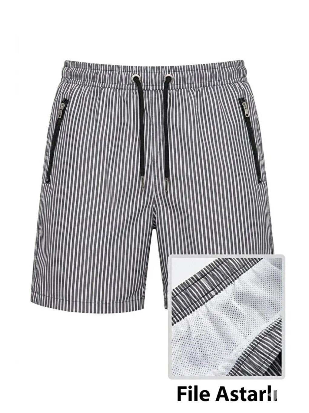 Erkek Deniz Şortu Fermuarlı Cepli File Astarlı Hızlı Kuruyan Premium - Siyah