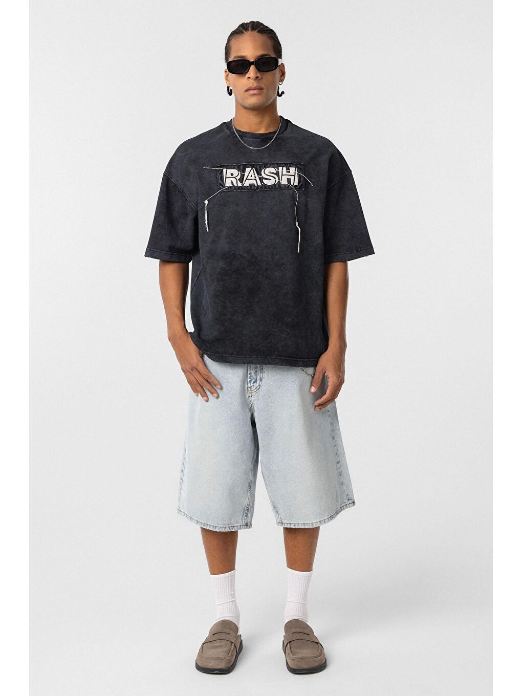 Yıkamalı Oversize Baskılı Tişört Siyah