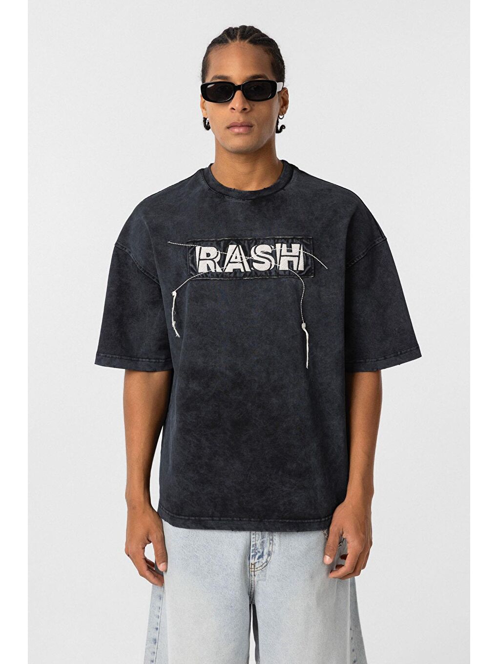 Yıkamalı Oversize Baskılı Tişört Siyah-2