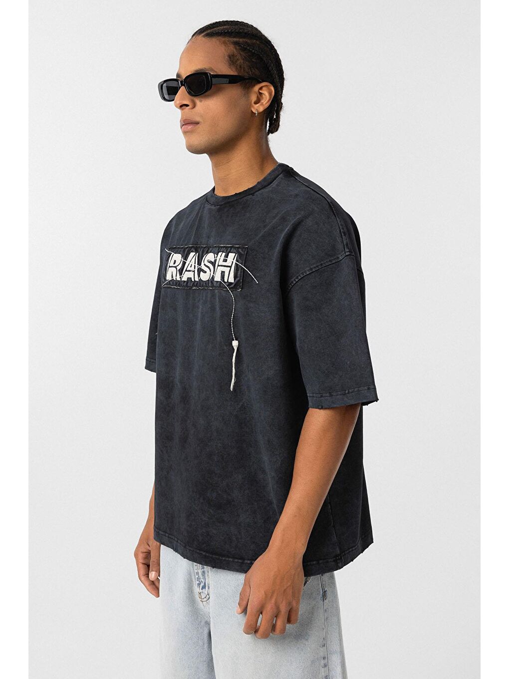 Yıkamalı Oversize Baskılı Tişört Siyah-3