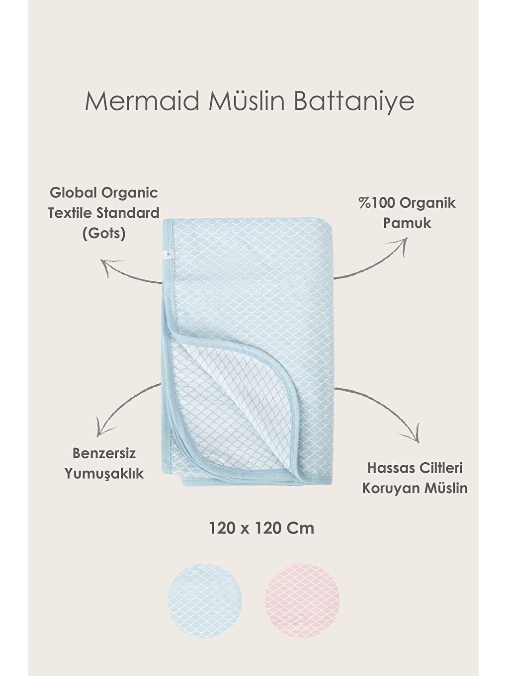 BebeMarin Mermaid Müslin Battaniye 120x120 Pembe-1