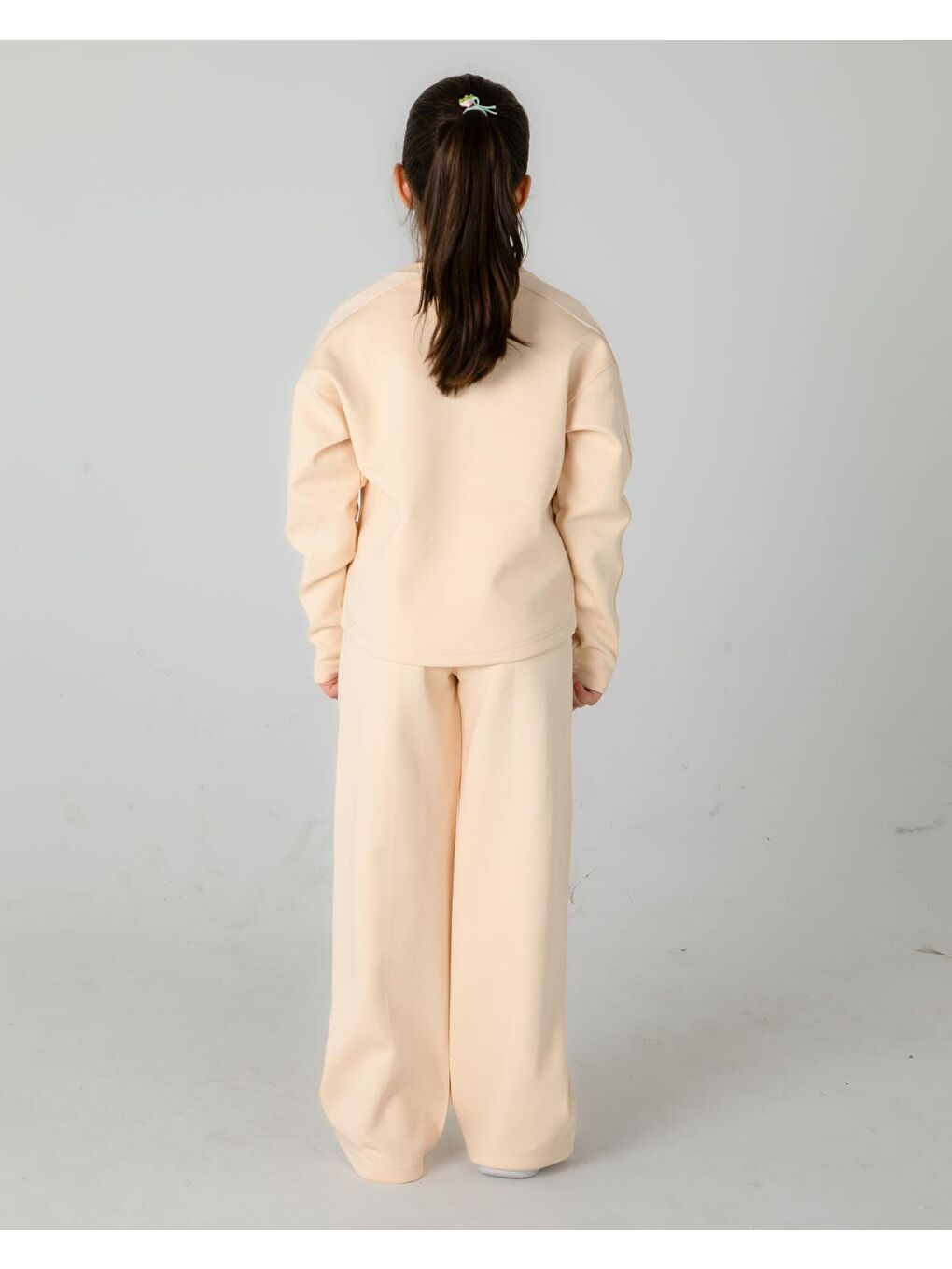 Bej Bisiklet Yaka Geniş Paça Ayarlanabilir Lastikli Bel Kız Çocuk Eşofman Takımı-4