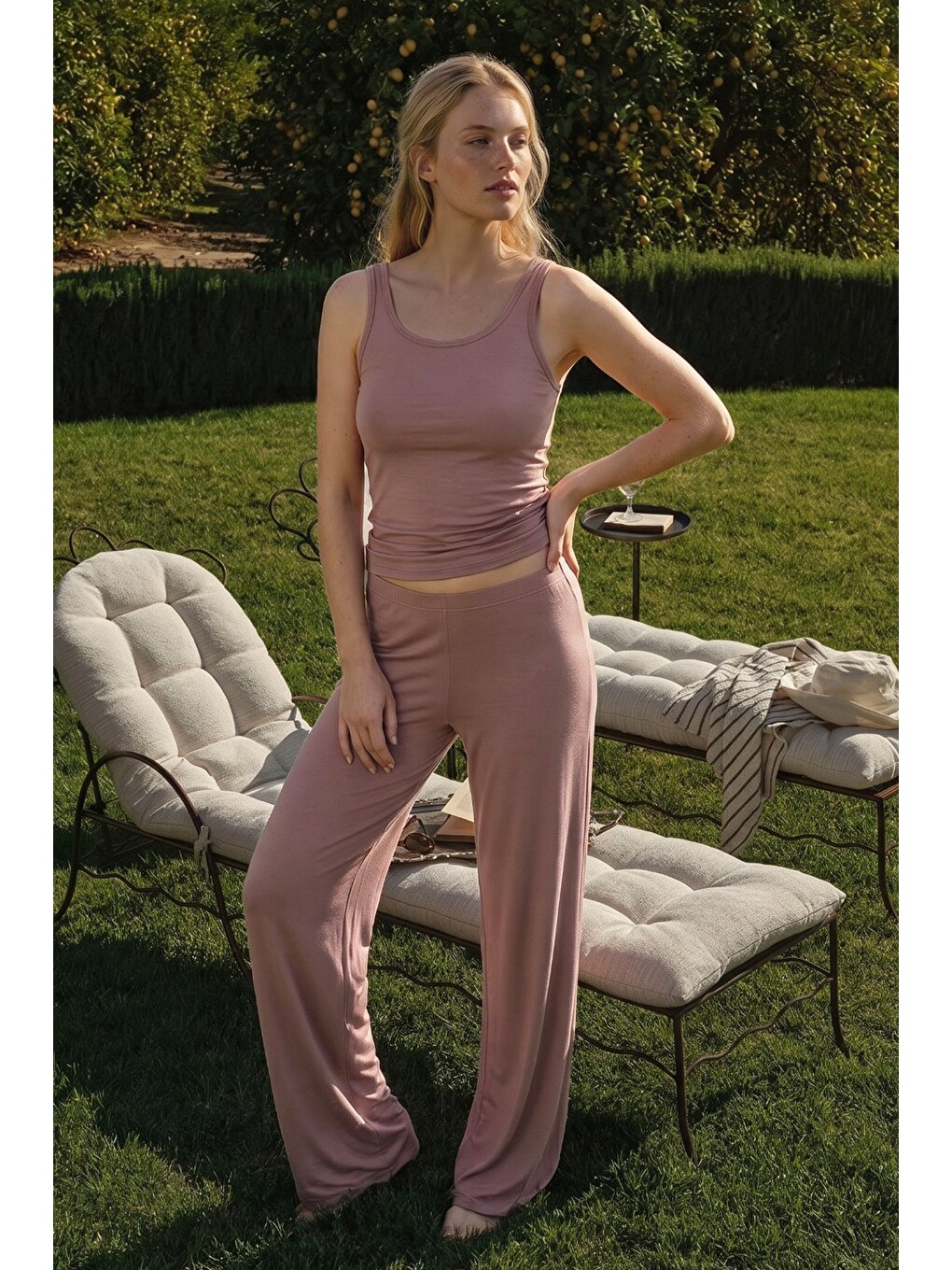 Pembe Geniş Askılı Viskon Örme Pijama Takım 8012-1