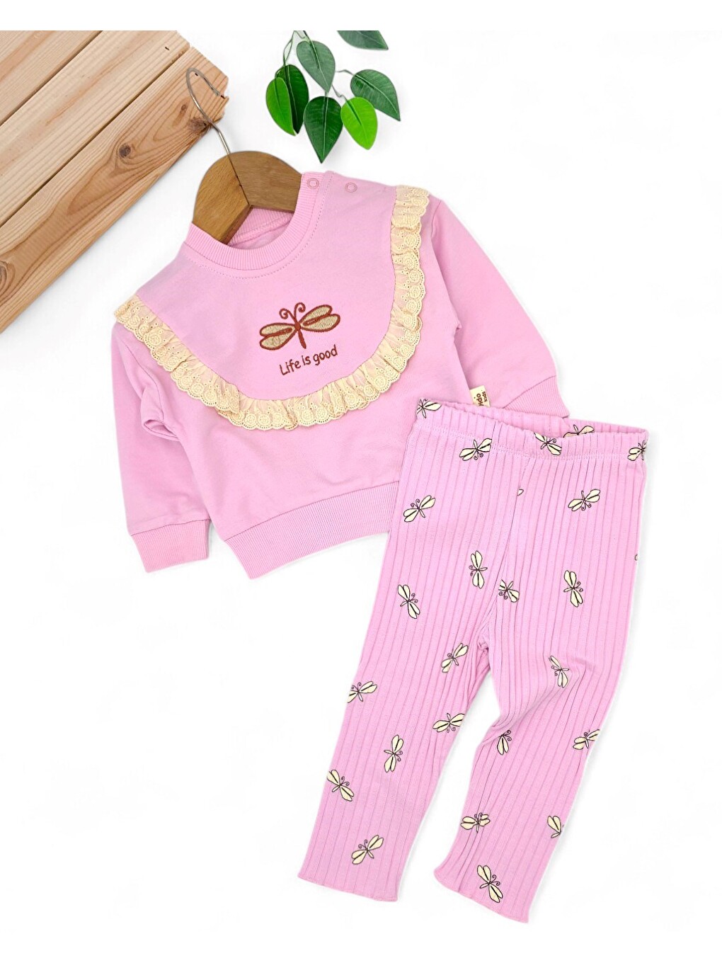 Pembe Kız Bebek Kelebek Nakışlı, Fitilli Taytlı, Fırfır Detaylı 6-9-12-18-24 Ay Bebek Takımı-1